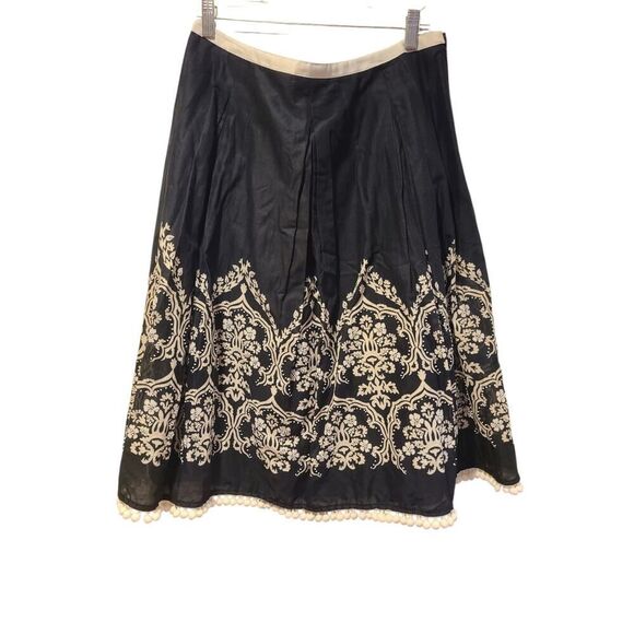 Ann Taylor Loft Beaded Floral Batik B&W Cotton Skirt Tassel Pompom Trim | 12 GUC - Picture 5 of 13